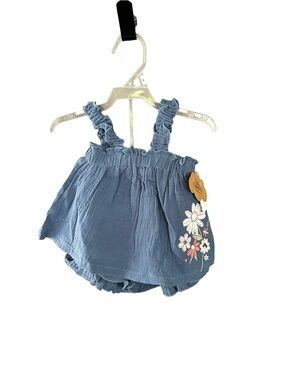 Baby Essentials Blue Gauzy Two Piece Outfit Flower Appliqués Summer Outfit 18 Mo